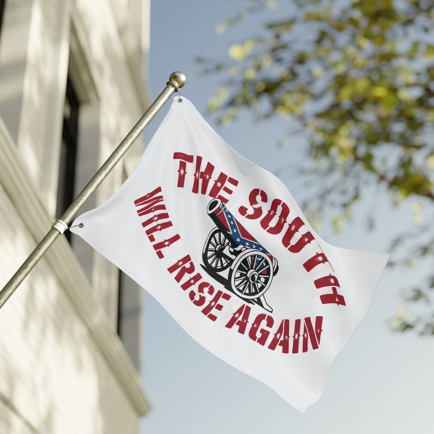 White flag with a cannon and the South Will Rise Again Confederate flag text in red for home decor