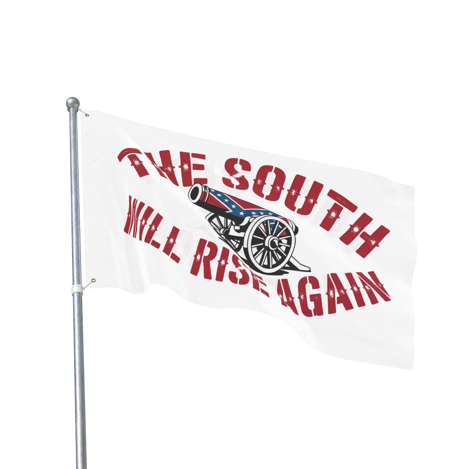Home decor flag featuring The South Will Rise Again Confederate flag with cannon design on white background