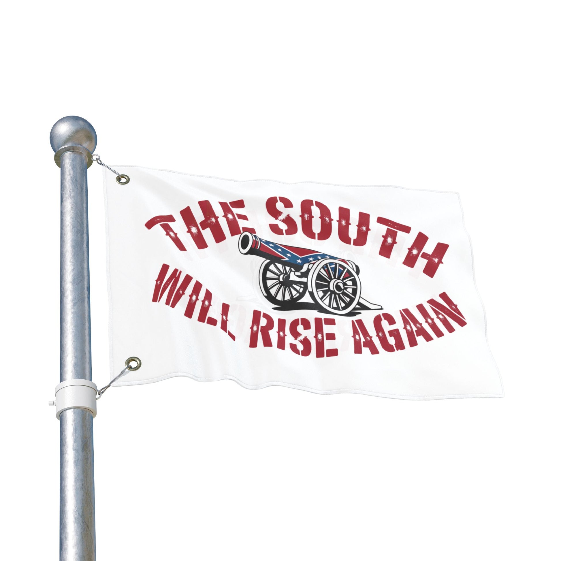 The South Will Rise Again Confederate flag with cannon graphic on white background hanging on flagpole