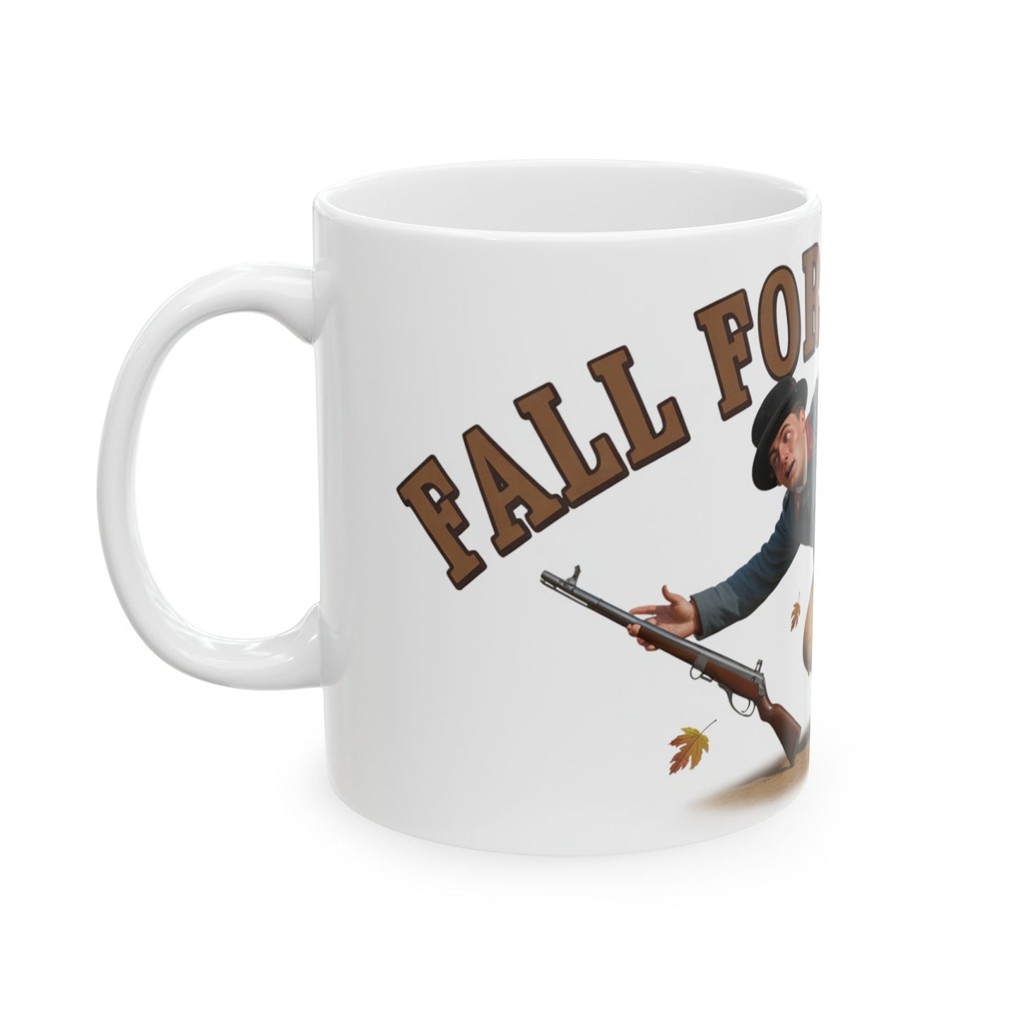 Vintage soldier ceramic mug with fall forest design and historic soldier artwork on white ceramic