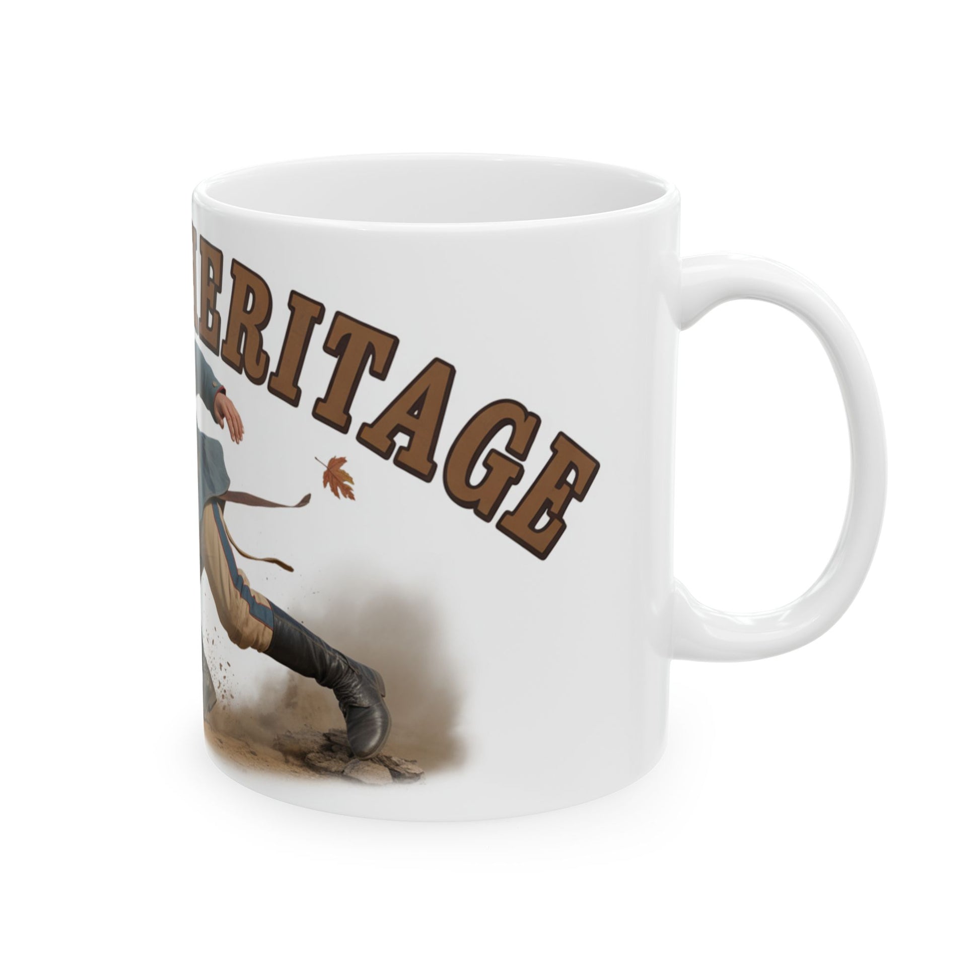 White vintage soldier ceramic mug featuring a soldier graphic and heritage text design