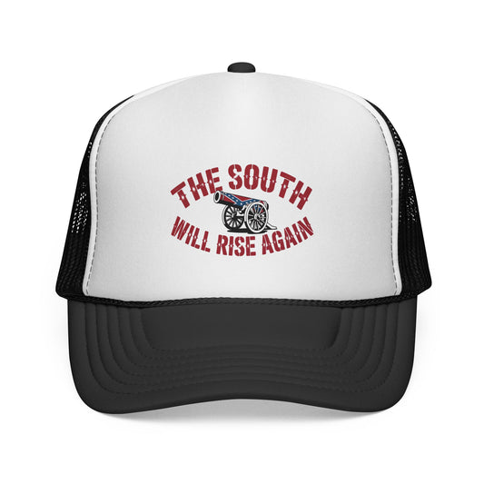 black and white trucker hat with the south will rise again hat design featuring a cannon graphic