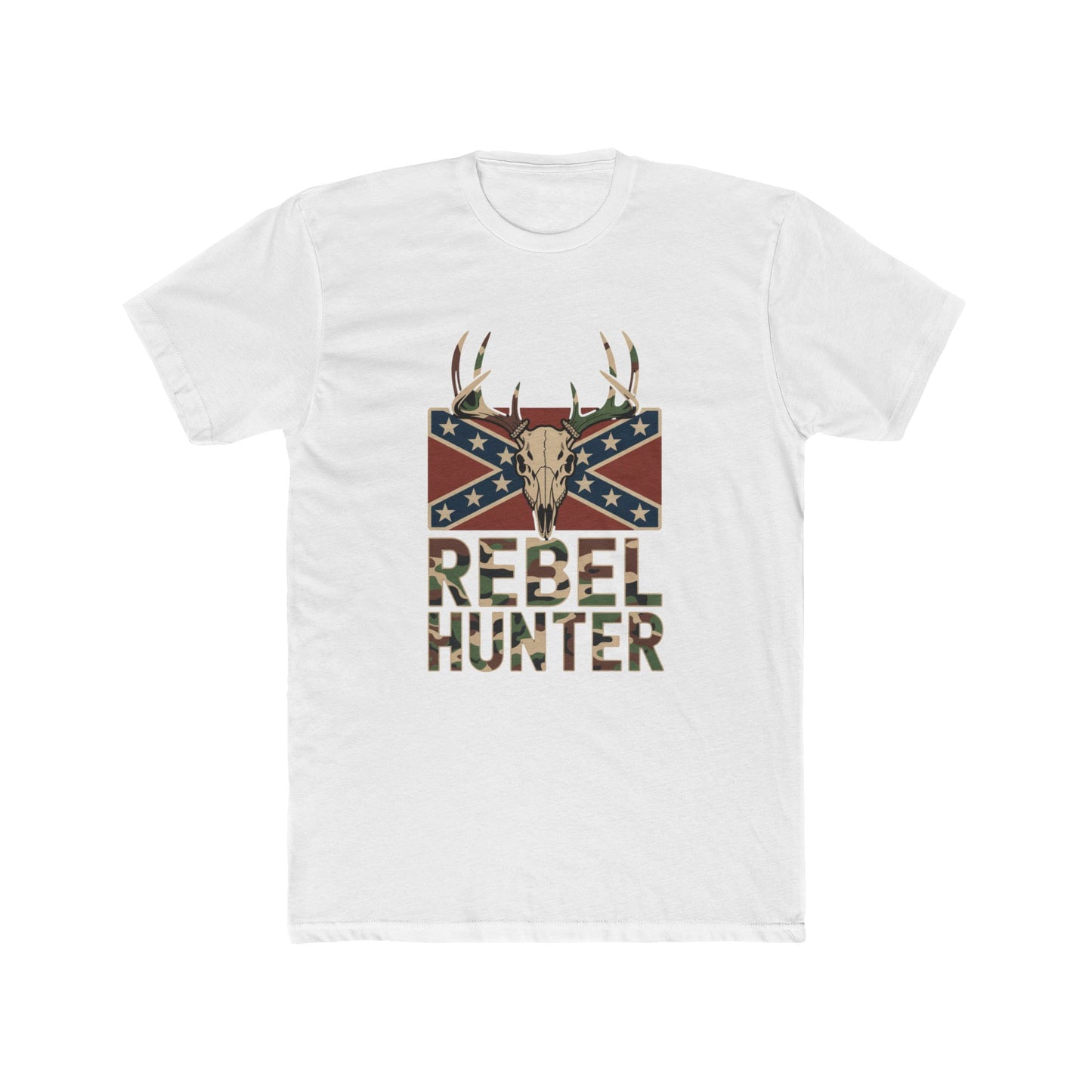 white rebel flag camo t-shirt featuring deer skull and camouflage rebel hunter text