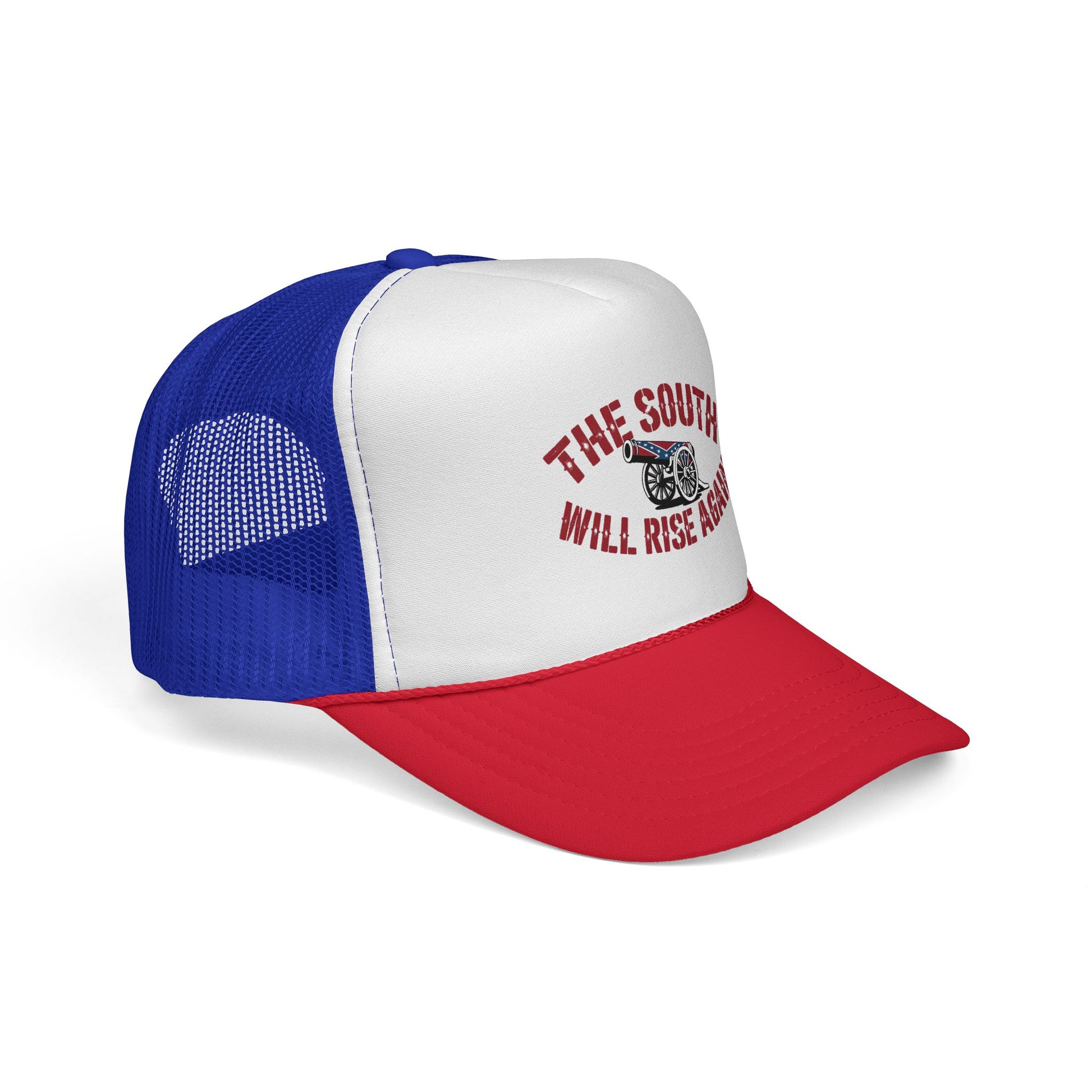 trucker style the south will rise again hat with red bill blue mesh back and white front panel